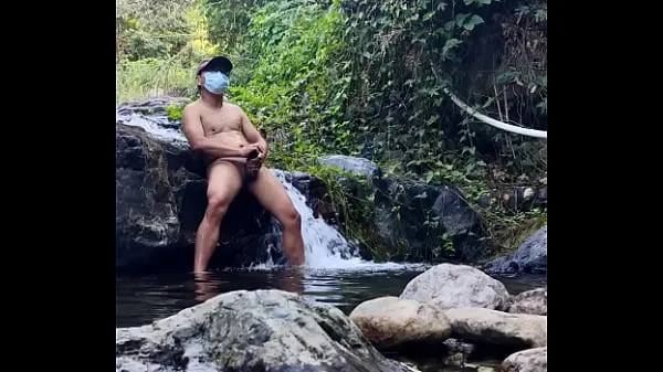 Best Playing with the cock and cum fountain in the spring water in the middle of the mountain total Movies